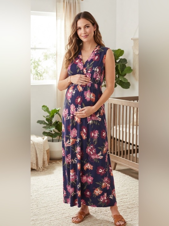 Isabel Dresses & Skirts - Isabel Maternity Nursing Navy Floral Faux Wrap Maxi Dress Sz M Smocked Cap Sleev